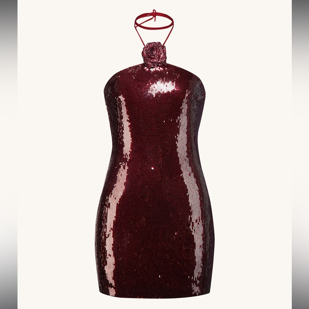 JW PEI Women's Burgundy Sequinned Halter Mini Dress